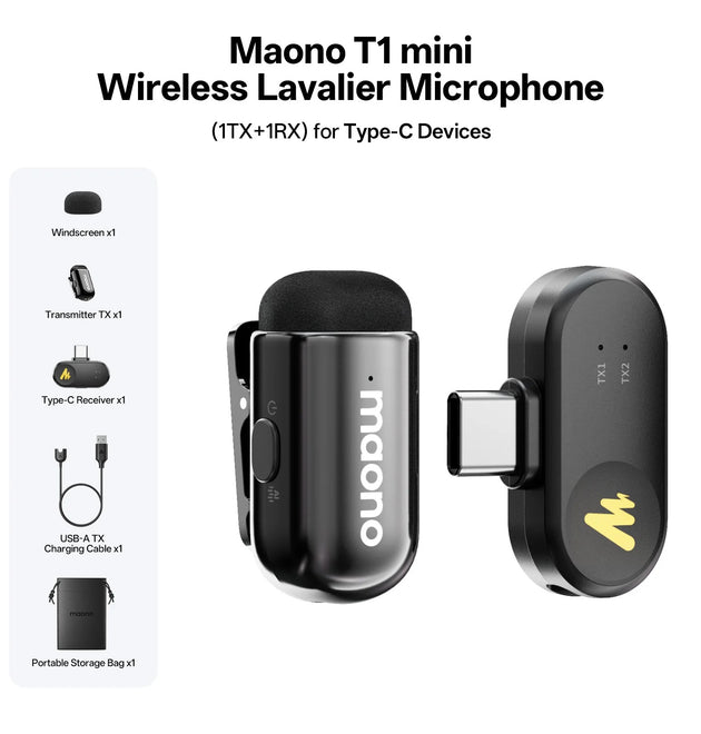 MAONO Wave T1 Mini Wireless Lavalier Microphone Mini Lapel Mic for iPhone Android PC AI Noise Cancellation for Video Recording
