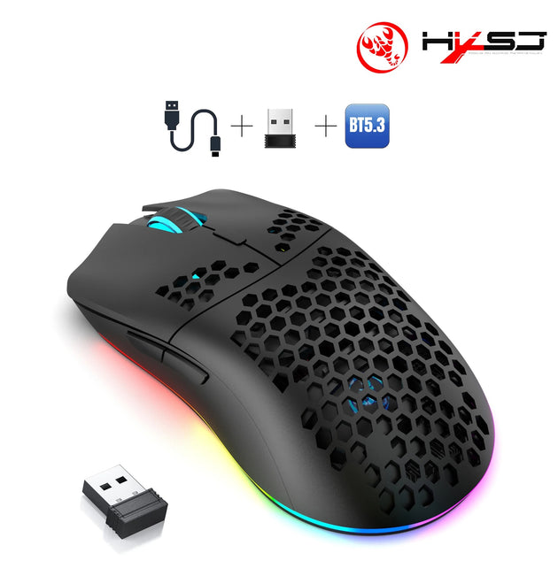 HXSJ T66 3-mode 10000DPI gaming wireless mouse RGB luminous 650mAh rechargeable 6 buttons macro programmable mice for pc desktop