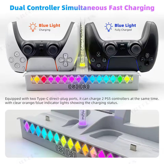 VILCORN Horizontal Cooling Stand for PS5 Slim/Pro — Dual Controller Charger, RGB Headset Holder & USB Hub Dock