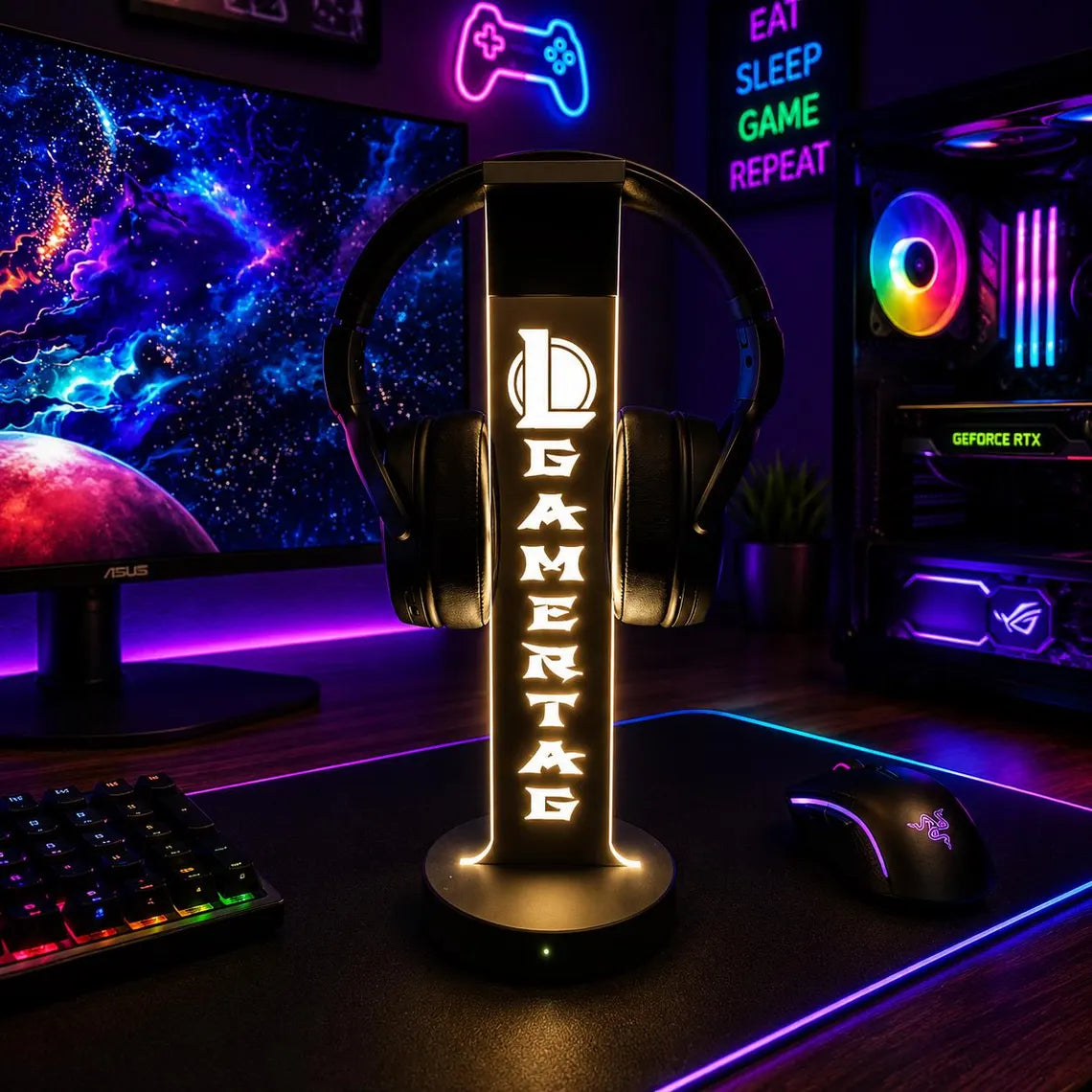 Personalized RGB LED gaming headphone stand, lit