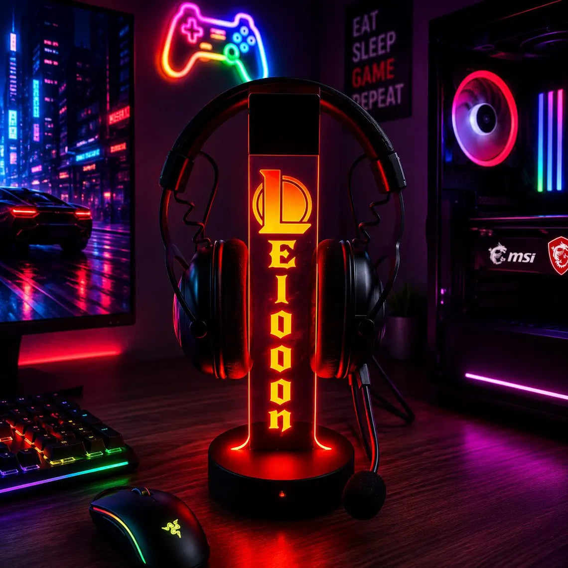 Personalized RGB LED gaming headphone stand, lit