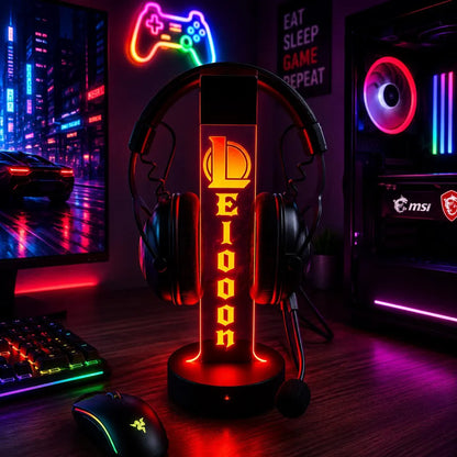Personalized RGB LED gaming headphone stand, lit