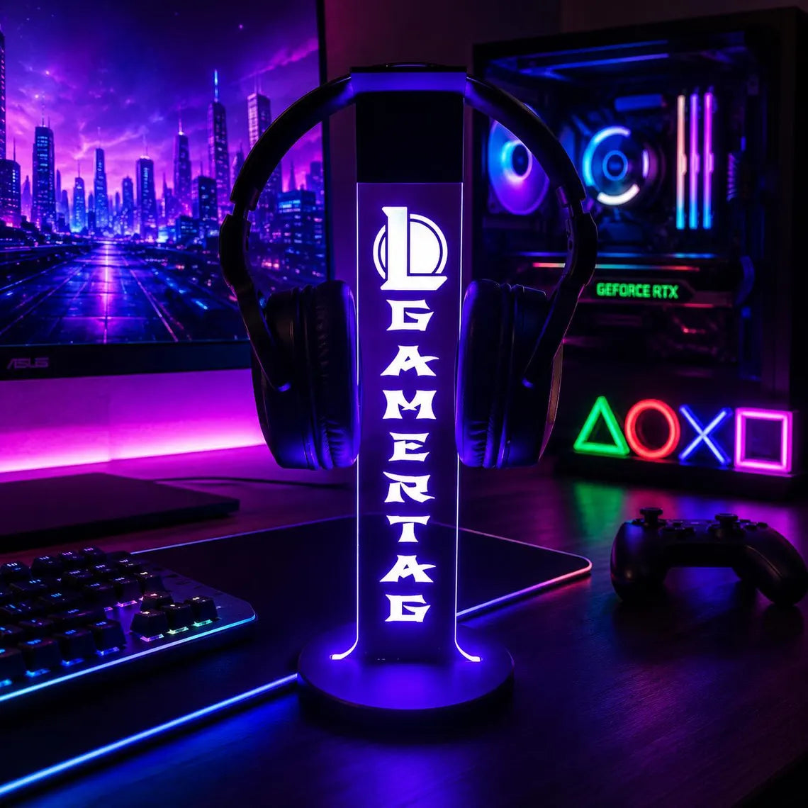 Personalized RGB LED gaming headphone stand, lit