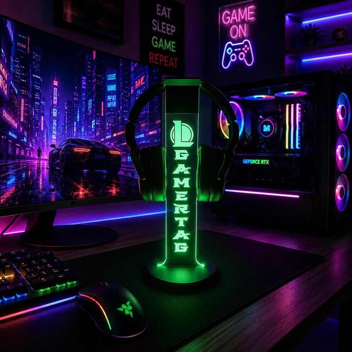 Personalized RGB LED gaming headphone stand, lit