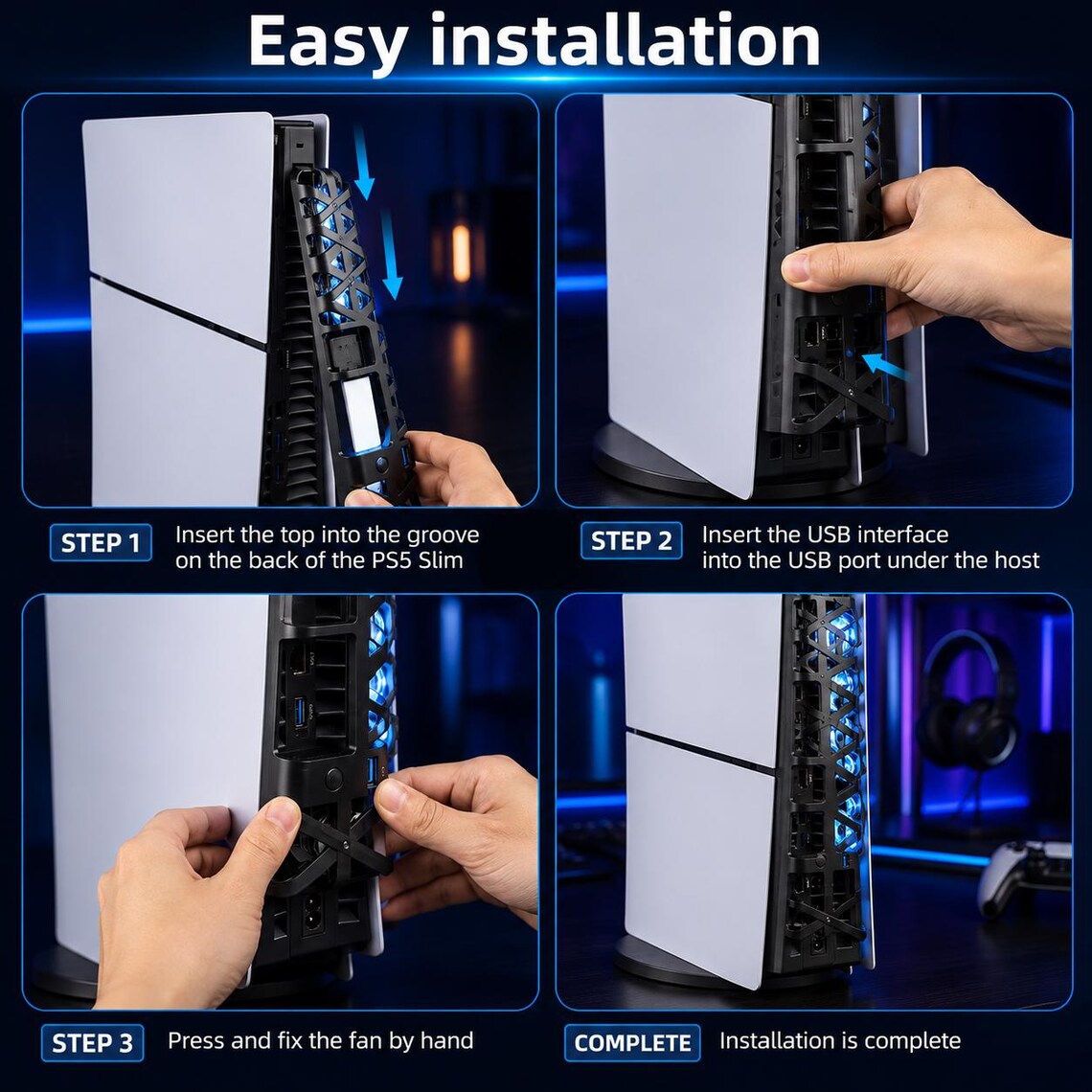 USB cooling fan for PS5 Slim console, Cooling fan installed under the PS5 Slim